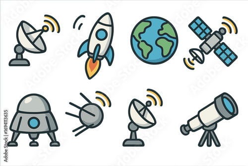 Vector cartoon illustration of space exploration symbols including satellite antennas, rockets, Earth globe, space probes, lunar lander and telescope icons on transparent background