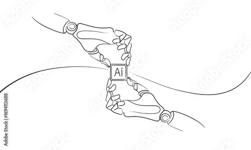 Chip AI with technology hands, continious line drawing. Smart network digital technology outline. Vector illustration