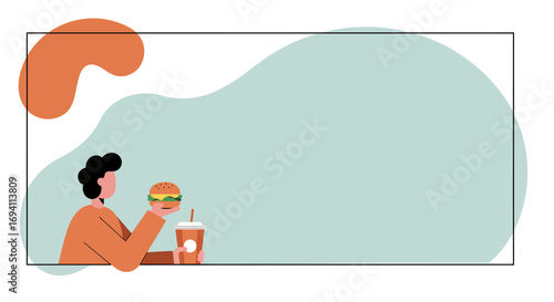 Modern flat illustration of a person holding a hamburger and a drink. Perfect for fast food advertisements, meal promotions, or casual lifestyle content.