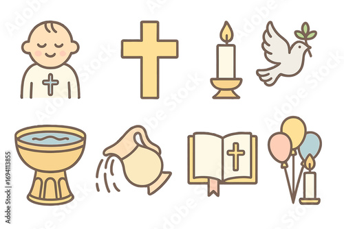 Christening ceremony icon set. Baptism symbols for religious rituals. Flat vector cartoon illustration of a baby, cross, holy bible, dove, and font for a newborn celebration.