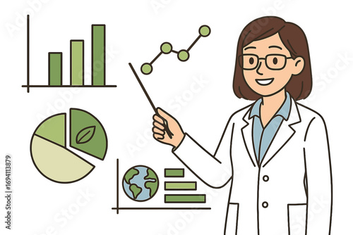 Ecological data visualization in professional setting with bar chart, pie chart, line graph, planet Earth icon, scientist presenting environmental statistics, vector illustration