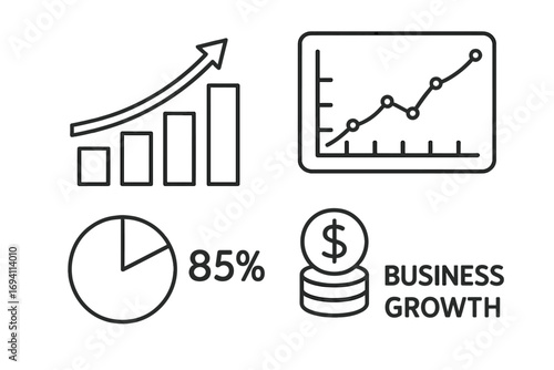 Visual representation of business growth indicators with graphs and metrics, minimalist design, vector cartoon illustration, financial statistics, increasing charts, business success