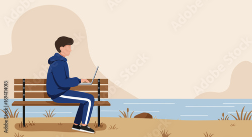 Young man working remotely on laptop outdoors by the water. Illustrates flexible work, digital nomad lifestyle, or studying in a peaceful natural environment.