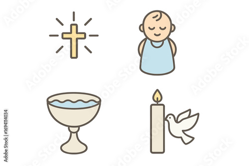Christening ceremony vector icon set. Baptism celebration symbols. Christian religious ritual icons. Flat line art cartoon illustration. Cross, baby, font, candle, dove.