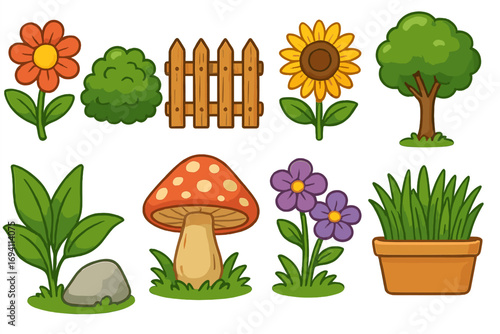 Set of cute cartoon garden elements. Flower, sunflower, tree, bush, mushroom, grass in pot, fence. Nature, spring, summer clip art icons. Vector illustration collection.