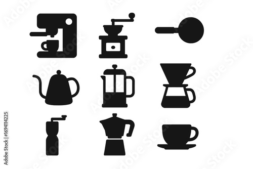 Coffee making icons set. Barista equipment silhouette vector. Espresso machine, coffee grinder, french press, moka pot, pour over, kettle, cup. Minimalist brew elements.
