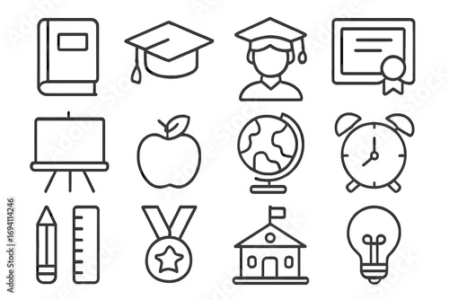 Education and graduation outline icon set. School and learning symbols. Vector collection of linear icons like diploma, student cap, book, medal, globe, and lightbulb idea.
