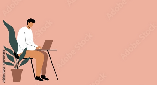 A focused man works diligently on his laptop at a minimalist desk with a plant, representing productivity, remote work, or online learning. Ideal for business and lifestyle themes.