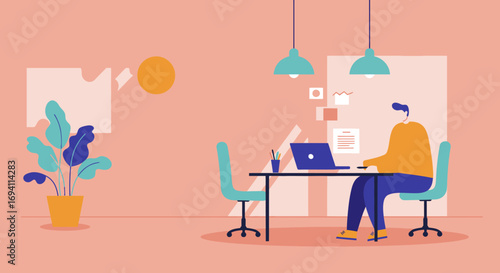 Young professional working diligently on a laptop at a modern home office desk, ideal for concepts of remote work, productivity, creativity, and online business.