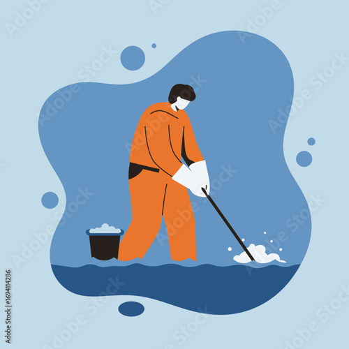 Worker in protective suit cleaning water with a tool and bucket. Represents environmental cleanup, sanitation, hazardous waste management, or disaster relief efforts.