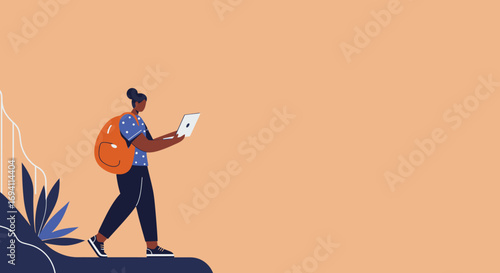 Person with backpack walks, using a laptop. Represents remote work, online learning, or digital nomad lifestyle, blending technology with exploration.