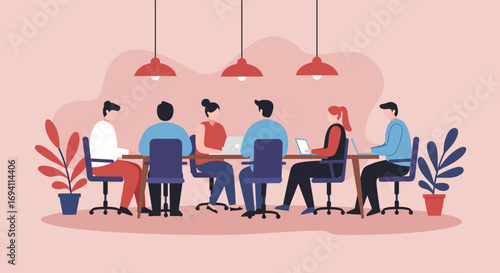 Diverse team collaborating in a modern office meeting, utilizing laptops for discussion and strategy. Represents teamwork, business productivity, and innovation.