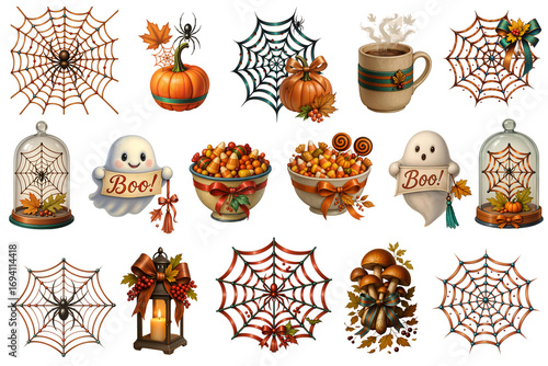 Halloween set of 16 elements with spiderwebs ghosts pumpkins candy bowls lantern and mushrooms
