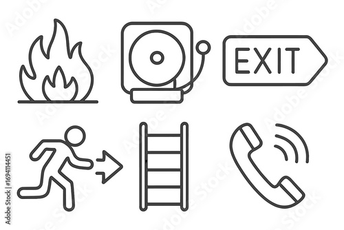 Emergency safety line icon set. Fire alarm, exit sign, evacuation, ladder, emergency call symbols. Warning pictogram collection for public safety and fire department. Vector.