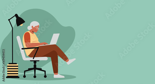 Elderly woman confidently using a laptop, symbolizing digital inclusion, remote work, or online learning for modern seniors. Represents an active, productive lifestyle.