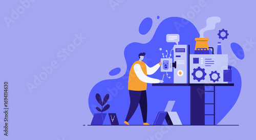 Man operating an industrial machine, symbolizing advanced manufacturing, smart factory automation, or process management. Ideal for business, technology, and science themes.
