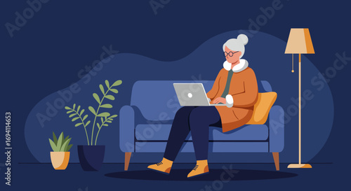 Senior woman comfortably uses a laptop on a sofa at home. Illustrates digital literacy, remote work, and modern independent living.
