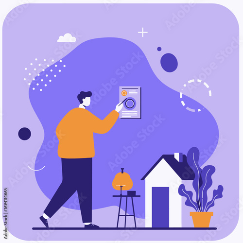Man interacting with a digital interface, representing smart home technology and home automation, with a stylized house illustration.