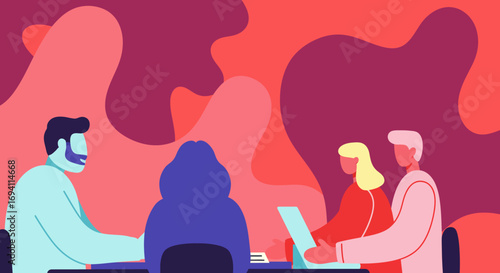 Abstract illustration of a diverse team collaborating on a project in a vibrant, modern office setting. Ideal for business, teamwork, and innovation concepts.