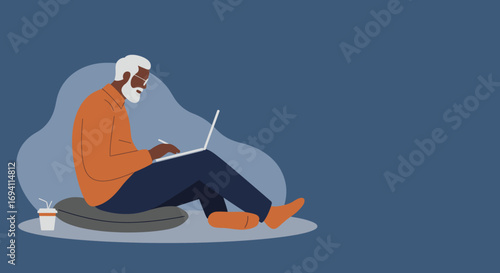 Senior man intently working or creating on a laptop with a stylus, embodying modern digital lifestyle, remote work, or a creative hobby. Copy space.