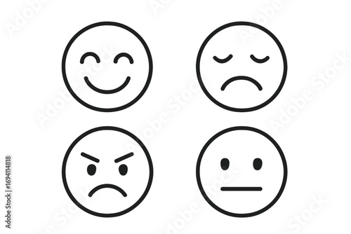 Emotions and expressions line icon set. Happy, sad, angry, neutral face outline collection. Vector emoji for mood, feeling, feedback. Customer satisfaction rating scale.