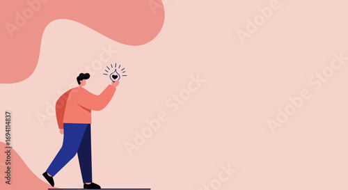Flat illustration of a person holding a glowing heart-shaped light, symbolizing inspiration, innovative ideas, and care. Suitable for business, health, or charity themes.