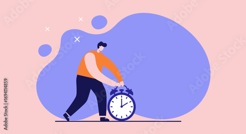 Illustration of a person pushing a large alarm clock, emphasizing time management, productivity, and meeting deadlines for business and personal goals.