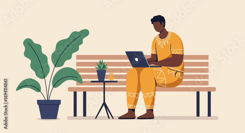 An African man in a traditional outfit works focused on a laptop outdoors on a bench, representing modern remote work and a relaxed lifestyle.