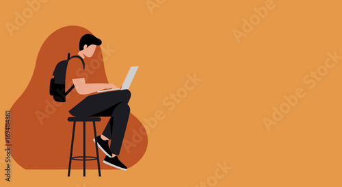 Focused young person with a backpack using a laptop, representing online education, remote work, or the modern digital lifestyle. Ideal for technology, business, or learning concepts.