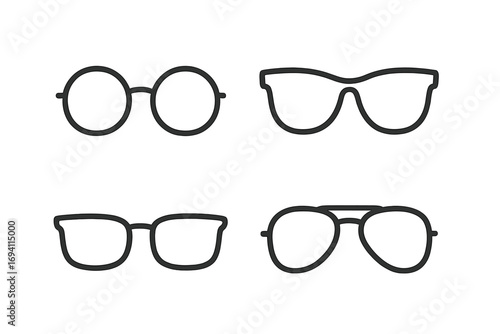 Eyewear outline icon set. Glasses, sunglasses, and spectacles in a modern line art collection. Vector illustration of various fashion frames like aviator and retro styles.