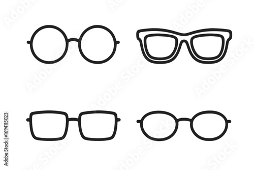 Eyewear outline icon set with various glasses and sunglasses. Spectacles collection with different frame styles like round, square, and cat-eye. Vector for vision, optic, fashion.