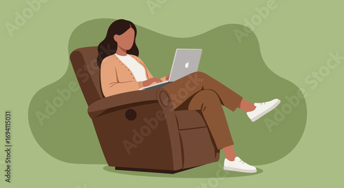 Woman working or studying on a laptop in a comfortable recliner, showcasing remote productivity, online learning, or leisurely browsing from home.