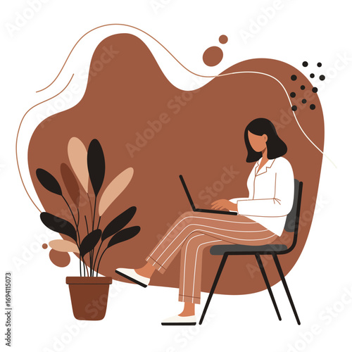 Woman working remotely on a laptop from home. Represents modern flexible work, online learning, productivity, and a relaxed lifestyle.