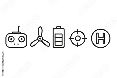 Drone equipment icon set with remote controller, propeller, battery, target, helipad. Minimalist line art for UAV technology. Vector illustration of quadcopter parts.