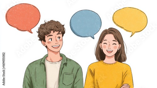 Two young adults smile and engage in conversation, surrounded by colorful speech bubbles symbolizing dialogue. The setting exudes a lighthearted and friendly atmosphere, perfect for connecting