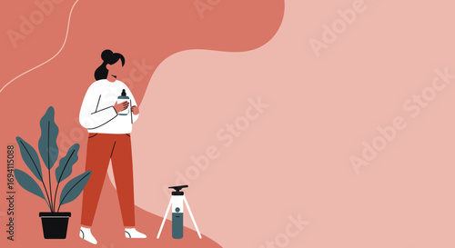 Flat illustration of a woman holding a beauty serum dropper bottle with a plant and tripod. Ideal for skincare, wellness, or social media content.