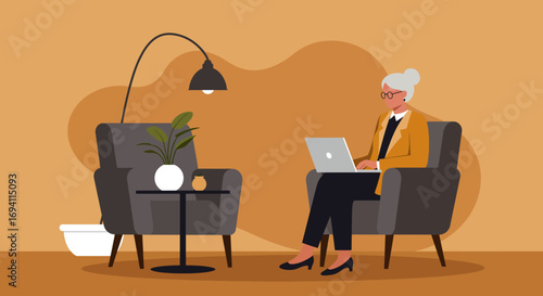 Professional senior woman working remotely on laptop in a modern, comfortable home office setting, representing productivity, online learning, and a connected lifestyle.
