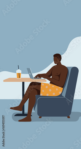 Man in swim trunks working on laptop with a drink, depicting remote work, digital nomad life, and flexible business during leisure time.