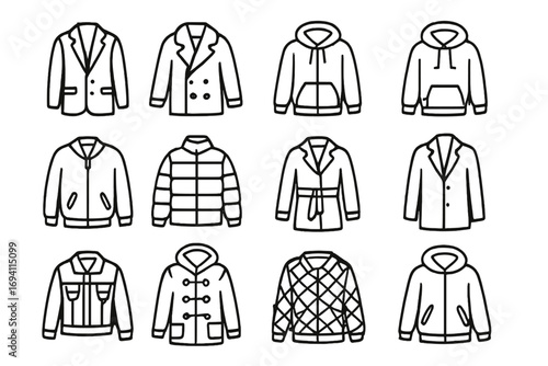 Jacket and coat outline icon set. Vector linear icons of fashion apparel. Winter clothing, hoodie, bomber, puffer, blazer, trench coat. Outerwear cartoon symbols collection.
