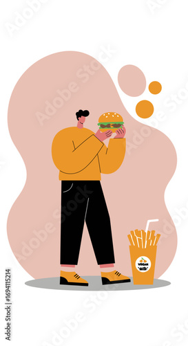 Happy person enjoying a delicious plant-based vegan burger and fries. Perfect for healthy eating, fast food alternatives, and sustainable lifestyle concepts.