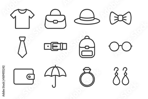 Fashion accessories and clothes line icon set. Personal items & apparel outline collection. Vector icons for web design. Shirt, bag, hat, tie, belt, backpack, wallet.