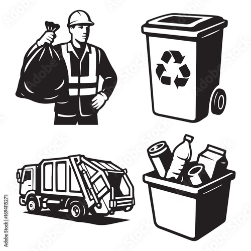 Trash utility, disposal and recycling concept set Vector