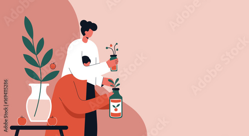 Two people nurturing plants in bottles, symbolizing growth, sustainable living, and home care. Ideal for wellness, nature, or lifestyle concepts.