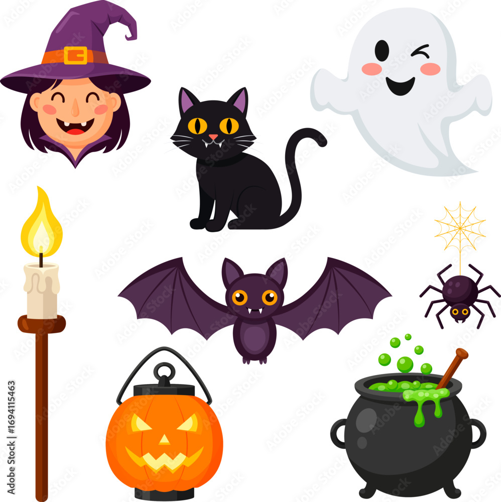 Fototapeta premium Cute Cartoon Halloween Icons Including Witch, Black Cat, Ghost, Bat, Spider, Candle, Pumpkin, and Cauldron, Fun Vector Set for Spooky Festive Graphics and Autumn Party Decor