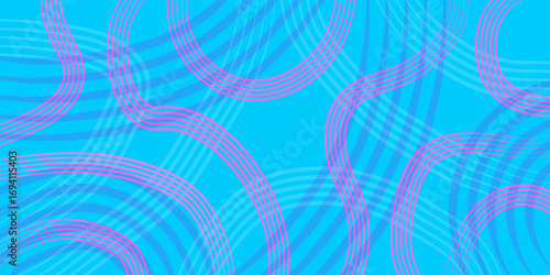 Bright Blue Abstract Background with Wavy Pink Striped Tubes and Faint Intersecting Arcs: Modern Graphic Design, Vibrant Backdrop