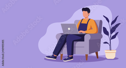 Man comfortably working on a laptop from an armchair at home. Represents remote work, freelancing, online learning, and a relaxed digital lifestyle.