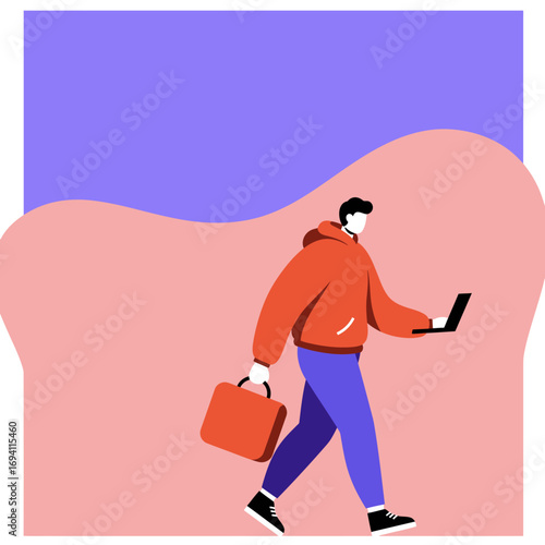 Dynamic illustration of a person walking, multitasking with a laptop and briefcase. Represents mobile work, productivity, freelance, and modern lifestyle.