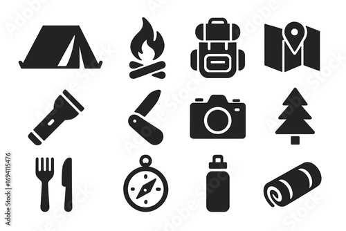 Camping icons set. Hiking equipment collection. Outdoor adventure minimalist symbols. Camp gear silhouette pictograms. Tent, fire, backpack, map, compass, knife vector sign.
