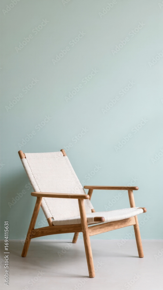 Fototapeta premium Canvas and wood lounge chair in soft pastel room with light floor