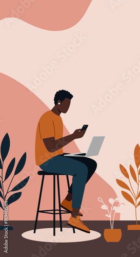 Modern illustration of a person multitasking with a laptop and smartphone, embodying remote work, digital communication, and a connected lifestyle in a calm setting.